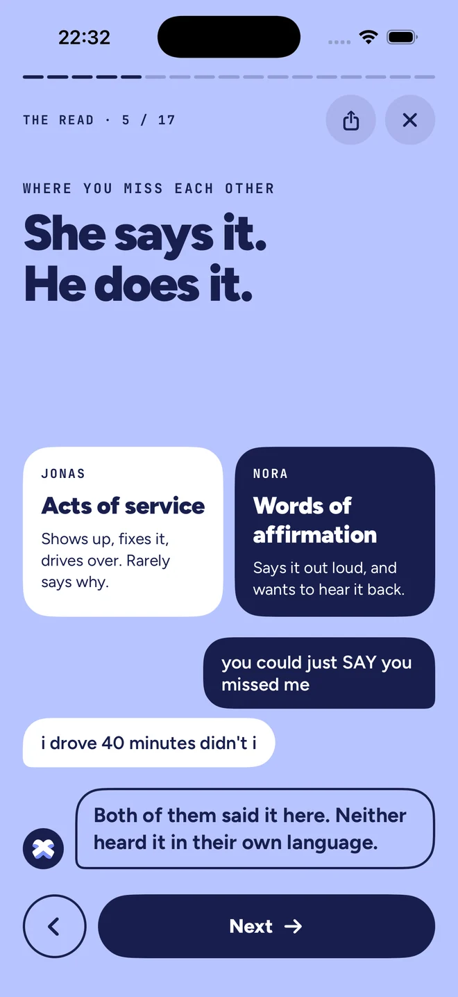The same card of The Read in the app, with two messages from the chat under it: “you could just SAY you missed me” and “i drove 40 minutes didn’t i”.